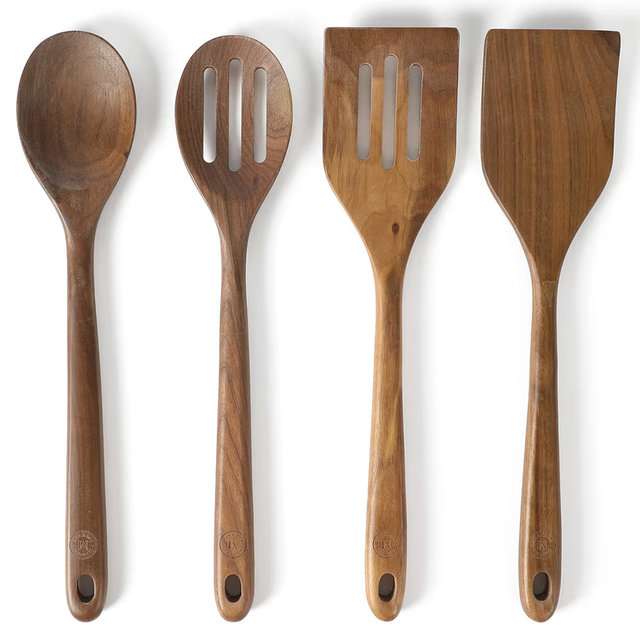 Martha Stewart Bainford 4-Piece Wooden Kitchen Utensil Set, Walnut – Cooking Spoons and Turner Tools for Nonstick Cookware, Heat Resistant, Durable Hardwood