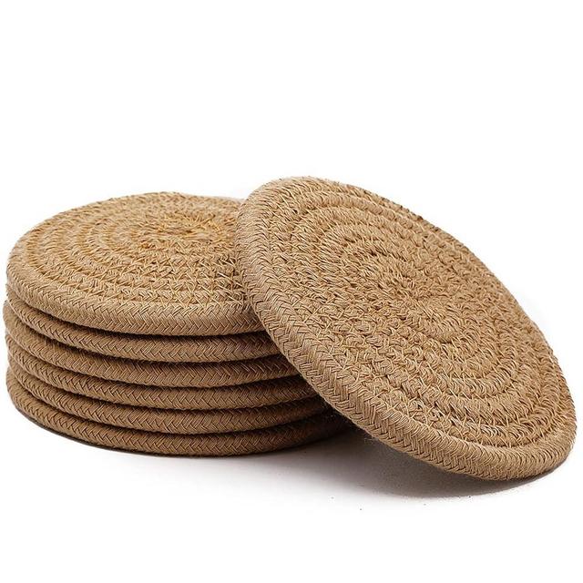 Absorbent Drink Coasters Handmade Braided Drink Coasters 6 Pack (4.3 Inch, Round, 8mm Thick) Super Absorbent Heat-Resistant Coasters for Drinks Great Housewarming Gift (Jute, 6 Pack)
