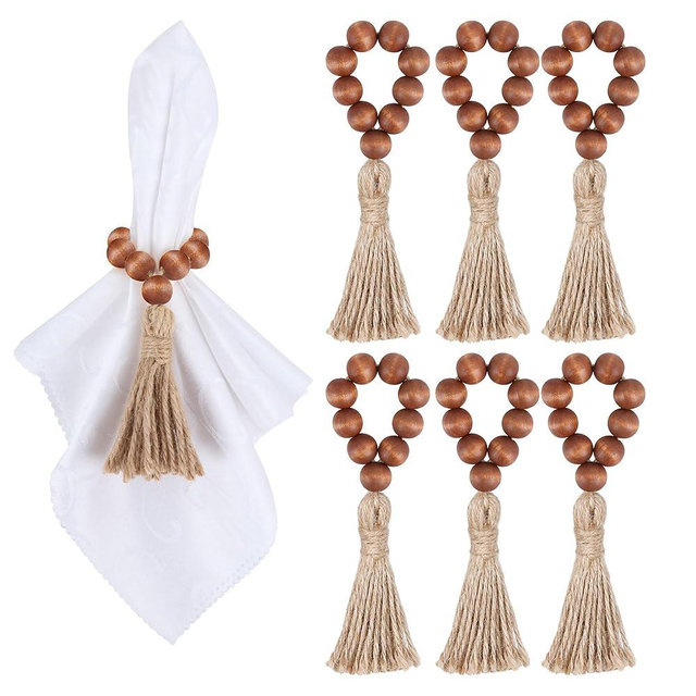 Meplait 6 Pieces Wooden Bead Napkin Rings, Farmhouse Stretchable Napkin Rings with Tassel Boho Napkin Rings for Dining Table,Wedding Decoration (Brown)