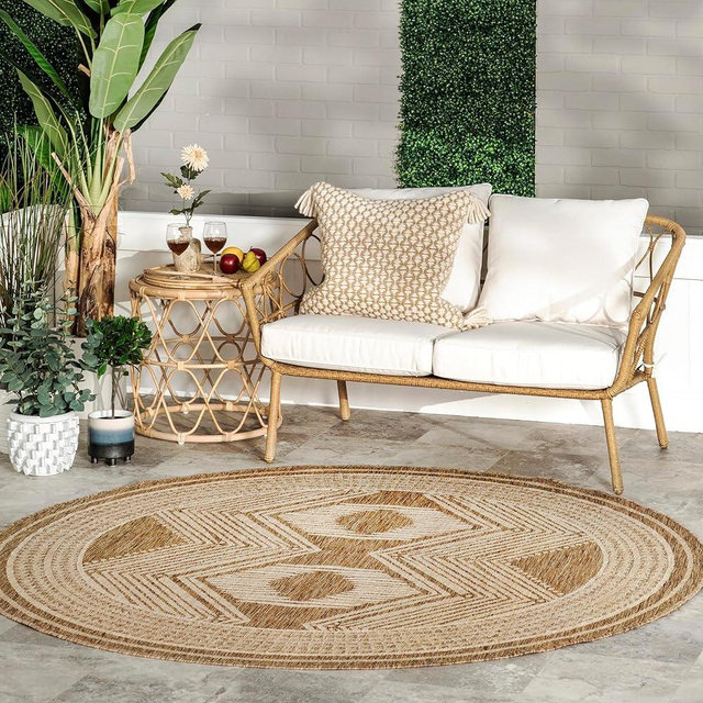 nuLOOM 7' Round Outdoor Tribal Geometric Area Rug, Stain Resistant, Weather Resistant, High Traffic, Patio, Balcony, Outside, Ranya Light Brown