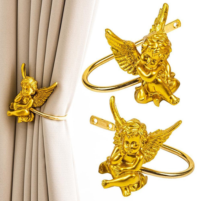 Angel appearance Curtain Holdbacks,Metal and Resin Decorative Window Drapery Holder Curtain Hook,2 Pack (Golden Angel)