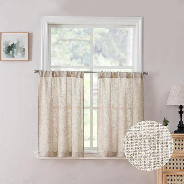 Tollpiz Linen Tier Curtain Rod Pocket Semi Sheer Half Kitchen Curtains Burlap Light Filtering Thick Linen Drape for Bathroom, 30 x 36 inches Long, Natural, Set of 2 Panels