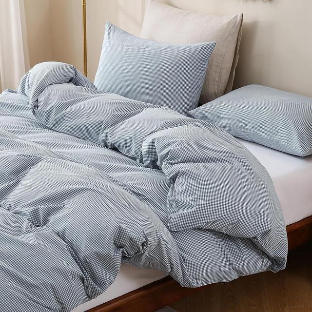 TOCOMOA Mini Gingham Blue Duvet Cover Bedding Set 100% Washed Cotton Like Linen Feel Super Soft Comfortable 3 Piece Small Plaid Checkered Comforter Cover Set (Queen 90"x90", Comforter Not Included)