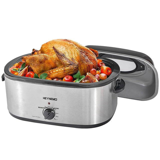 26 Quart Electric Roaster Oven with Visible & Self-Basting Lid, Large Turkey Roaster Oven with Defrost & Warm Function, Adjustable Temperature, Removable Pan & Rack, Stainless Steel, Silver