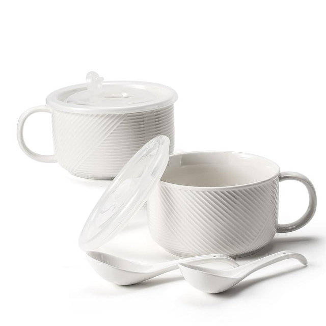 Adewnest Ceramic Soup Bowls with Lids: 38 Ounce Extra Large Soup Mug with Handle & Spoon - Oversized Microwave Ramen Bowl Set of 2, 6 Inch, White
