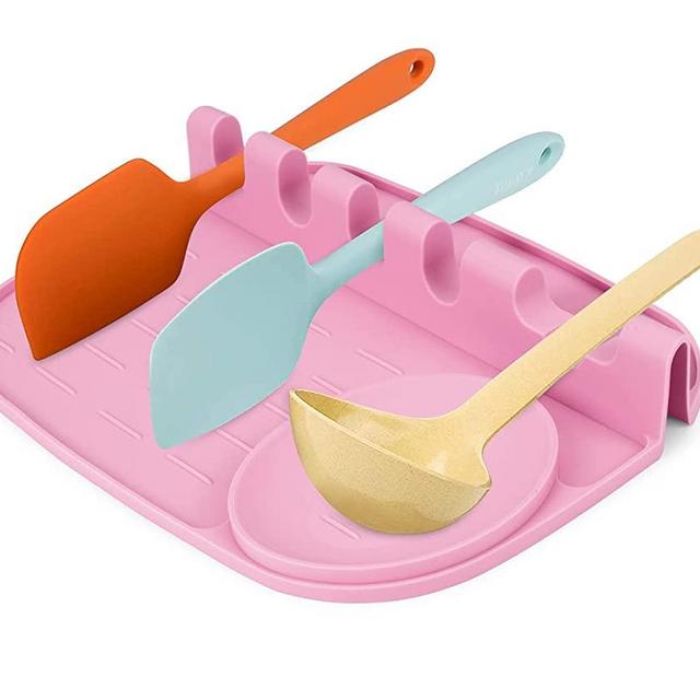 Idefair Upgraded Silicone Utensil Spoon Rest Mat 5 in 1 Ladle Spoon Holde with Drip Pad,Heat Resistant,Food Safe Kitchen Utensil Holder for Stove Top,Spatulas,Ladles,Tongs (Pink)