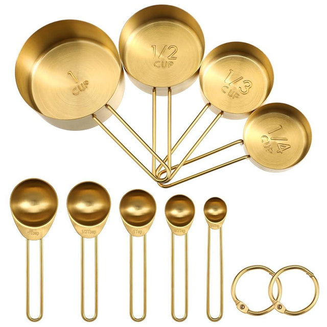 8 Pcs/Set Gold Measuring Cups and Spoons Set 304 Stainless Steel Kitchen Gadgets Measuring Spoons Combo 4 Measuring Cups and 5 Measuring Spoons and 2 Rings for Baking Cooking