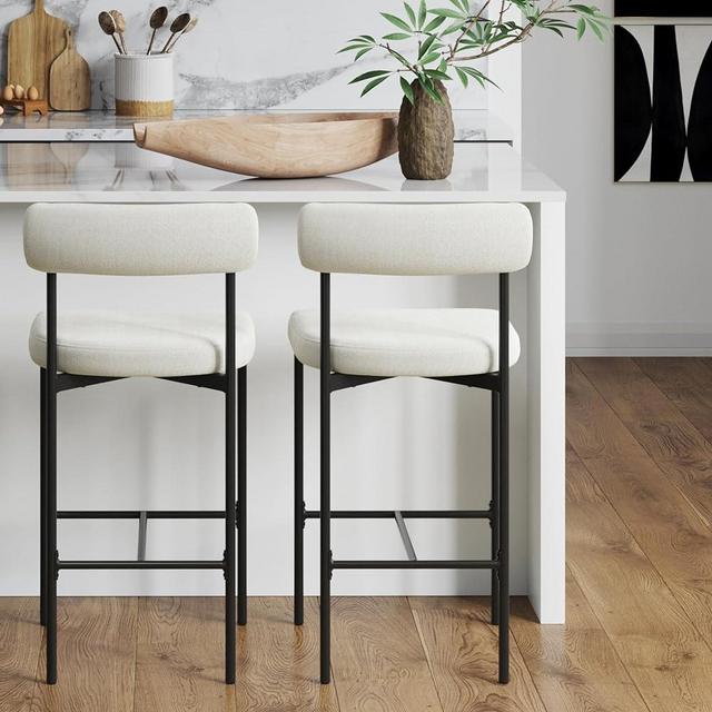 Nathan James Dahlia Counter Height Chair, Boucle Upholstered Modern Barstool with Back, Mid-Century Metal Legs and Padded Cushion for Kitchen, Island and Bars, Light Cream Boucle/Black, Set of 2