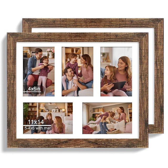 Hongkee 11x14 Picture Frame Set of 2, Rustic Brown Wood Frame with Real Glass Collage Picture Frames, Display Pictures Five 4x6 With Mat or 11 x 14 Without Mat, Photo Frames Wall Gallery