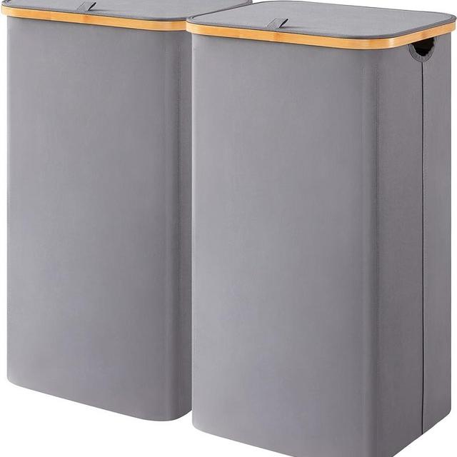 Lifewit 100L Laundry Basket with Lid, Clothes Hampers for Laundry with Bamboo Handles and A Removable Laundry Bag, Large Foldable Laundry Hamper for Bedroom, Bathroom, Dorm, Grey, 2 Pack