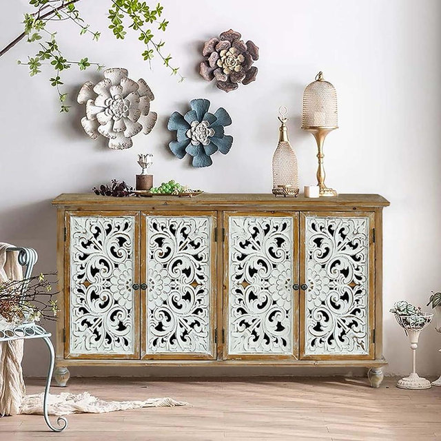 LKTART 60" Vintage Sideboard Buffet Cabinet,French Country Sideboard,Farmhouse Hollow Carved Credenza Accent Cabinet for Living Room, Dining Room, Natural Wood