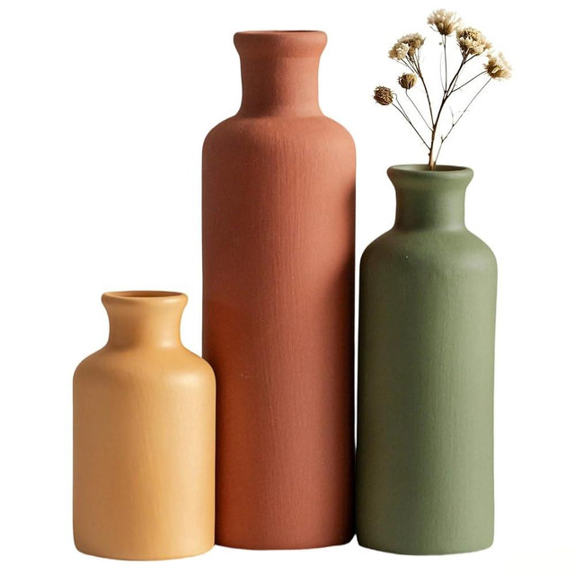 Modern Ceramic Vase Set of 3, Neutral Colors, Decorative Bottles for Home, Farmhouse Rustic Decor, Housewarming Gifts, Wedding Gifts, Bridal Shower Gifts, Birthday Gifts for Women (Green Mix)