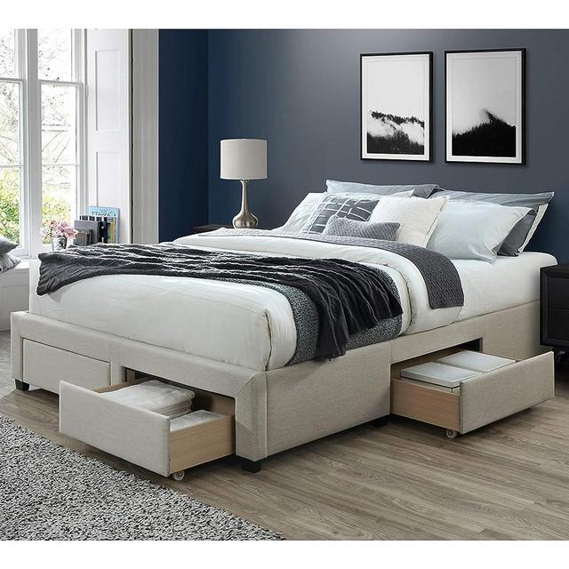 DG Casa Cosmo Upholstered Bed Frame Base - Queen Size Platform Bed with Storage Drawers and Full Wooden Slats – Box Spring Not Required – Modern and Traditional Queen Bed Frame in Beige Fabric