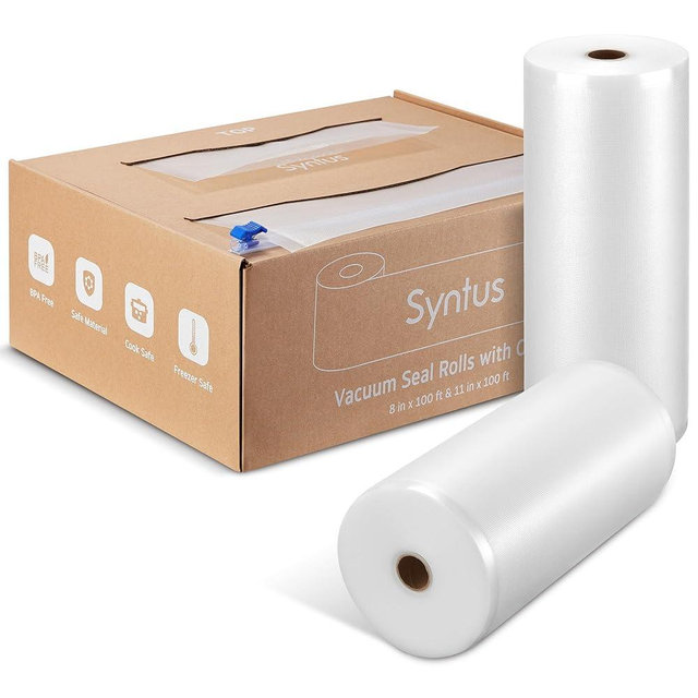 [2025 Upgraded] Syntus 11" x 100' and 8" x 100' Vacuum Sealer Bags for Food with Cutter, Food Vacuum Seal Roll Keeper BPA-free Heavy-duty Commercial Grade for Food Storage, Meal Prep and Sous Vide