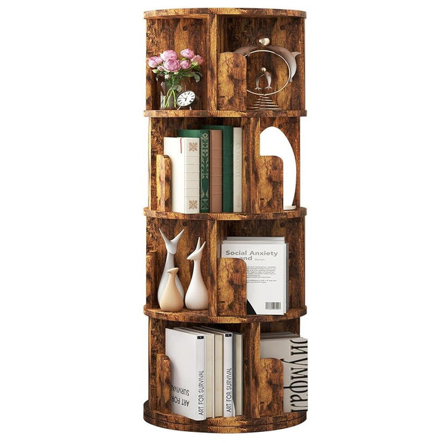 oneinmil 360° Rotating Bookshelf, Small Corner Bookcase with Small Footprint, 4 Tier Standing Bookcase for Kids&Adults, Wood Bookshelf Designed for Bedroom, Living Room, Brown