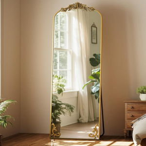 21"x 64" Arched Full Length Mirror, Freestanding Floor Mirror with Carved Metal Frame & Bottom Art Carved, Gold Full Body Mirror for HomeDecor, Halling Wall Mirror with Vintage Ornate Carved Accents