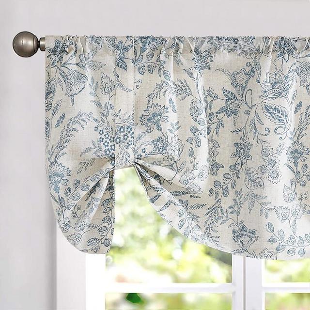 Lazzzy Blue Floral Tie Up Valance Curtain Linen Farmhouse Valance for Kitchen Living Room Bathroom Bedroom Country Valances Window Treatments Small Curtian 20 Inch Rod Pocket 1 Panel, Blue on Beige