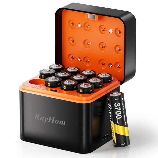 Rechargeable AA Lithium Batteries with Charger-12Pack Double A Batteries for Blink Camera, 1.5V Constant Output 3700mWh High Capacity, Cycle Times Up to 1600, with 12 Slot aa Li-Ion Battery Charger