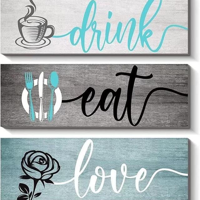 Creoate Teal Kitchen Wall Decor Art, Set of 3- Eat Drink and Love Wood Plaque, Dinning Room Wall Art Rustic Farmhouse Decor, Gifts for Home