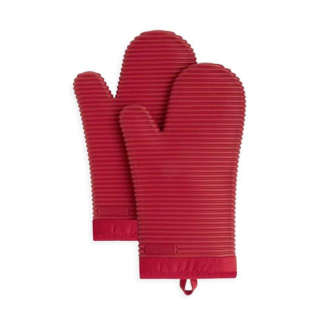 KitchenAid Ribbed Soft Silicone Oven Mitt Set, 7"x13", Passion Red