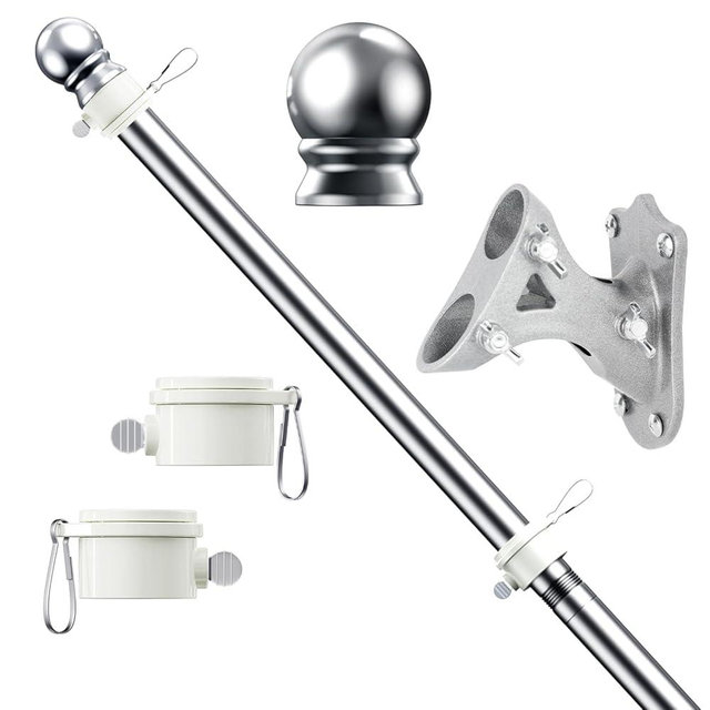 ESTTOP 5 FT Flag Pole Kit, Tangle Free Spinning Weather Resistant Rustproof Stainless Steel Flagpole with Base for 3x5 Sports Flag 1" Dia Flag Pole Holder for Outside House, Wall (Silver)