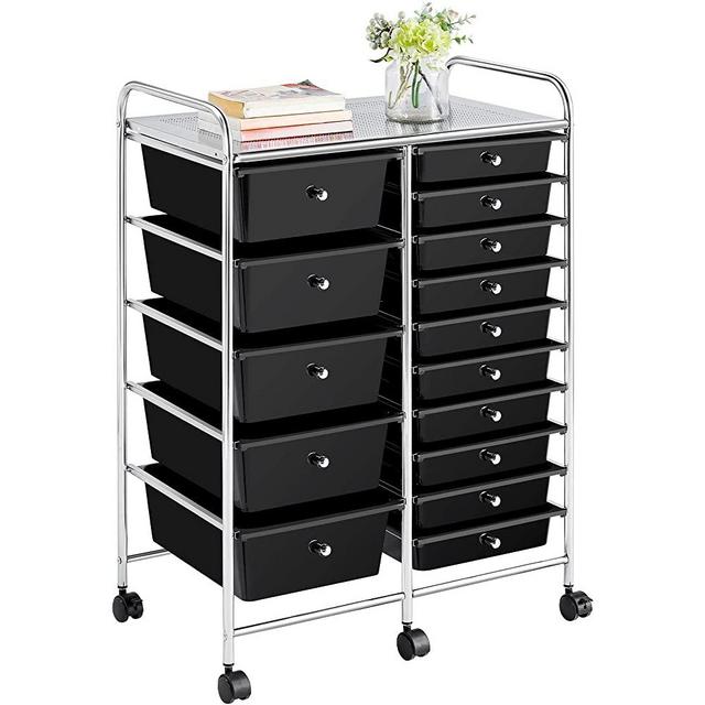 Topeakmart Utility Cart with 15 Drawers Rolling Cart Organizer Plastic Storage Drawers Craft Trolley 360 Castor Wheels Cart Black