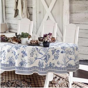 Blue Floral Oval Tablecloth 60x102 Inch, Blue and White French Country Tablecloth, Rustic Floral Polyester Waterproof Tablecloth