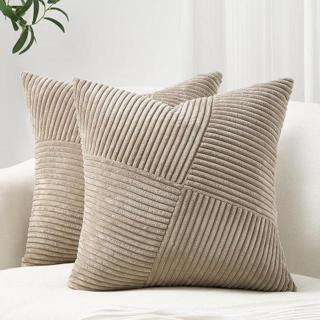 Topfinel 22x22 inches Euro Pillow Shams Set of 2 Soft Corduroy Decorative Throw Pillow Covers for Bedroom Living Room Boho Textured Striped Patchwork Couch Pillow Covers 55x55 cm Lightbrown