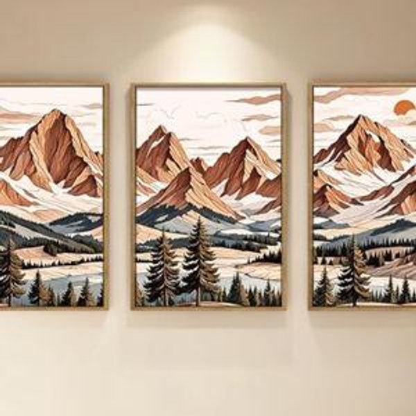 IARTTOP Framed Mountain Canvas Wall Art Large16x24 Inch Abstract Mountain Art Prints Set of 3 Vintage Nature Scenery Wall Decor for Living Room Bedroom Office