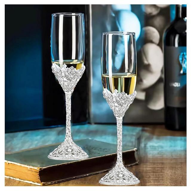 Popgege Champagne Flutes Wedding,Champagne Glasses Set of 2 Metal Base With Crystal Stones,Wedding Glasses for Bride and Groom,Engagement Gift for Wedding,Party,Anniversary, Christmas - 7oz