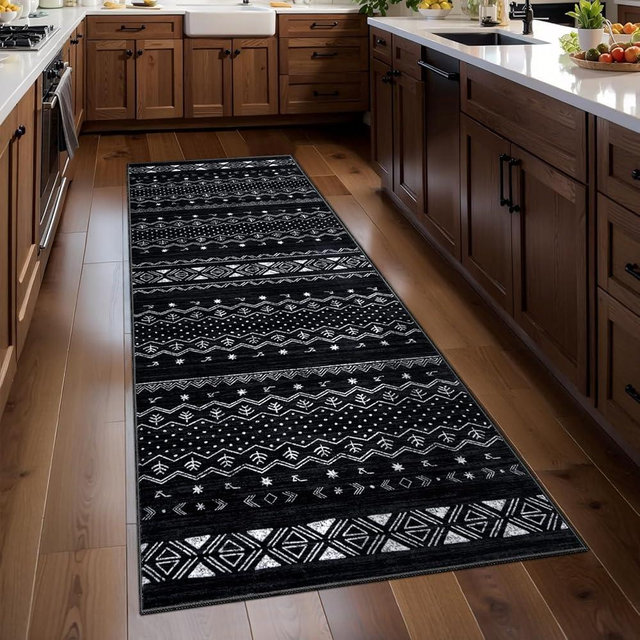 SERISSA 2x5 Kitchen Runner Rug, Washable Non-Slip Black and White Boho Rug, Soft Low-Pile Geometric Indoor Carpet for Hallway Laundry Room Bathroom Bedroom Entryway