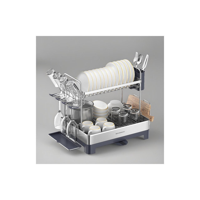 Dish Drying Rack - 2 Tier Dish Rack for Kitchen Counter with Rotatable and Extendable Drain Spout, Silver and Gray