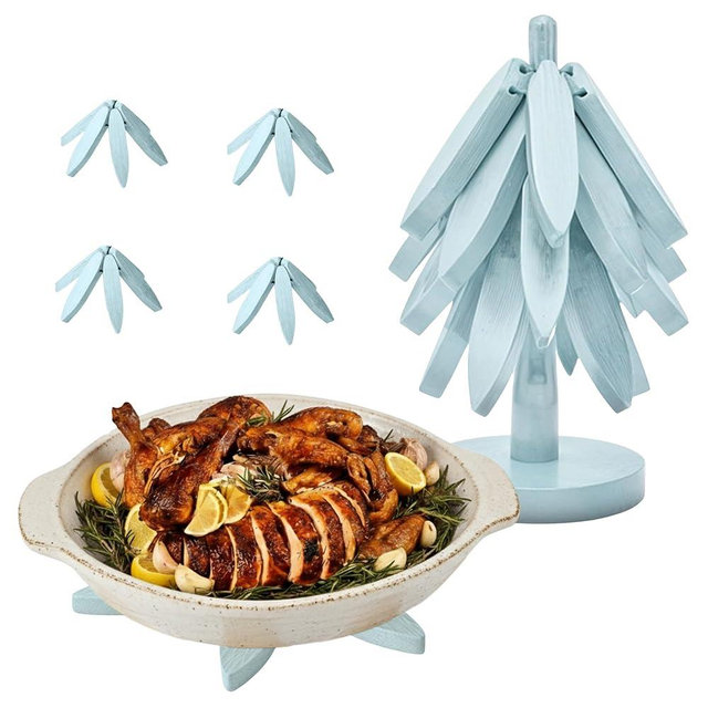 Wooden trivets for hot Dishes – 4 Tree-Shaped Coasters & 1 Stand for Hot Pots, Dishes | Heat-Resistant, Space-Saving Pot Rest & Cozy Kitchen Decor, Tree Trivets for Counter + Special Bonus (Sky Blue)