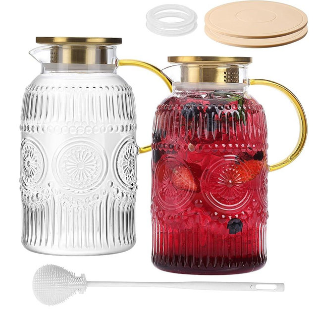 2 Pack Vintage Glass Pitchers with Lid, 68oz/ 2 Liter Glass Water Pitcher with Handle and Lid for Fridge, Iced Tea, Coffee, Borosilicate Glass Carafe for Hot/Cold Brew Drink