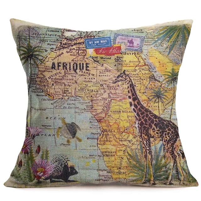Fukeen African Throw Pillow Covers Colorful Africa Map with Tropical Palm Tree, Giraffe, Ocean Animal Decorative Vintage Pillow Cases Cushion Covers Cotton Linen Square Home Office Decor 18”x18”