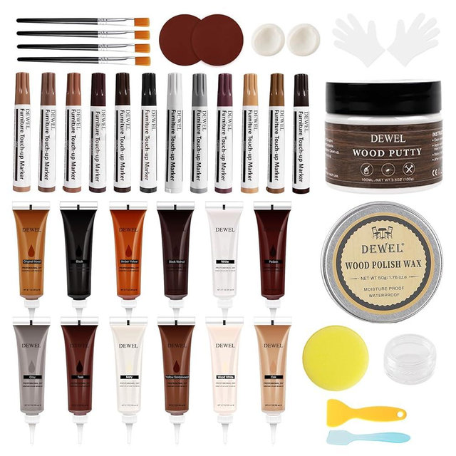 DEWEL Wood Furniture Repair Kit 40 Pcs, 12 Colors Wood Filler and Touch Up Markers, Wooden Putty and Polish Wax, Repair Scratch, Cracks, Hole, Stains for Hardwood Floor, Table, Laminate, Cabinet
