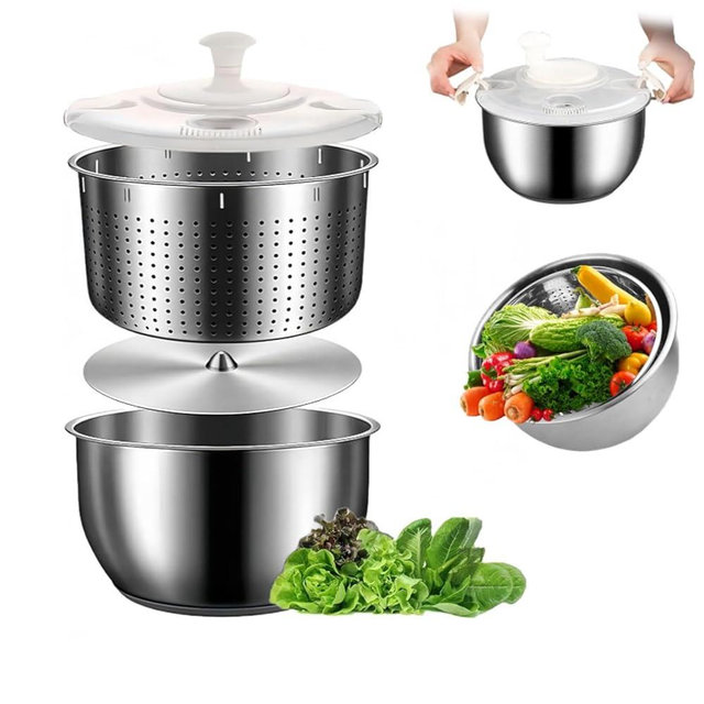 DuZhiLixon 6L-Stainless Steel Salad Rotator, Non-Slip Base, Vegetable Dishwasher, Multi-Use Lettuce Spinner, Kitchen Strainers.