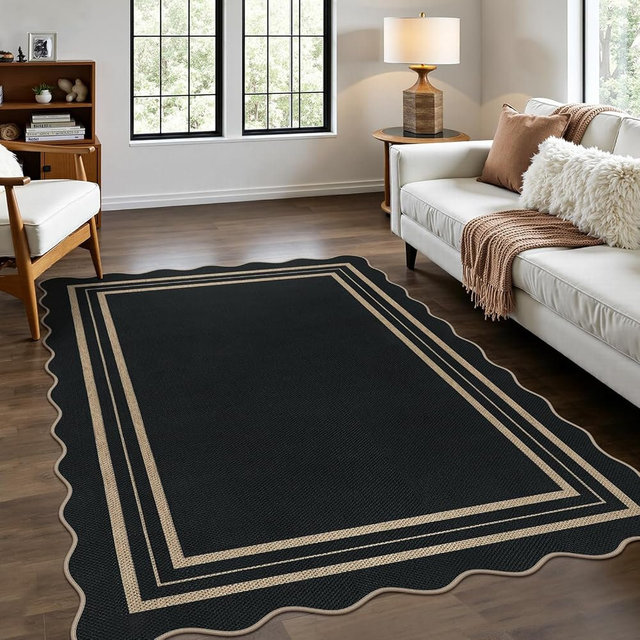 LORWER Modern Easy Jute 4x6 Outdoor Patio Rug, Washable Indoor Black Kitchen Rugs Farmhouse Neutral Non Slip Area Rug for Living Room Backyard Bedroom