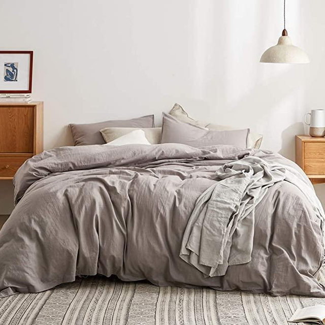 DAPU 55% French Linen 45% Cotton Duvet Cover with 2 Pillowcases, 3 Piece Ultra Soft Breathable Bedding Comforter Cover Sets with Button Closure（Gray/Linen Cotton, Full/Queen）