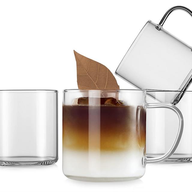 LUXU Glass Coffee Mugs Set of 4,Large Wide Mouth Mocha Hot Beverage Mugs (14oz),Clear Espresso Cups with Handle,Lead-Free Drinking Glassware,Perfect for Latte,Cappuccino,Hot Chocolate,Tea and Juice