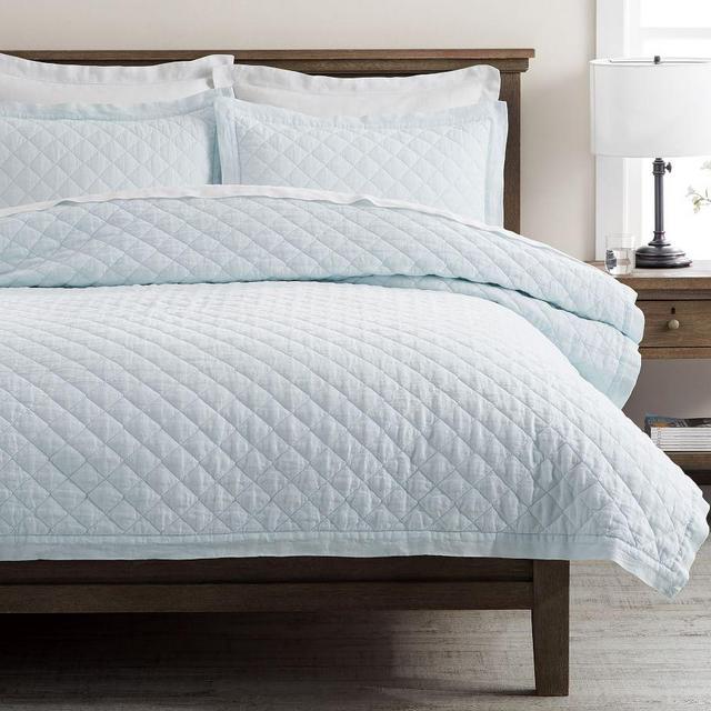 Blue Frost Belgian Flax Linen Diamond Quilt, King/Cal. King