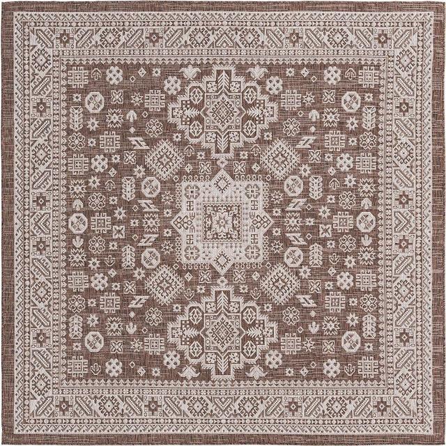 Rugs.com Outdoor Aztec Collection Rug – 8 Ft Square Brown Flatweave Rug Perfect for Living Rooms, Kitchens, Entryways