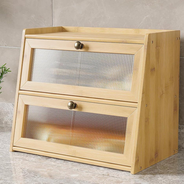 K KELBEL Bread Box for Kitchen Counter, Double Layer Wooden Large Capacity Bamboo Bread Storage Container with Window Bread Holder (Natural Bamboo)