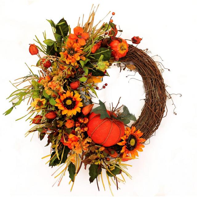 Fall Pumpking Sunflower Half 22" Silk Wreath