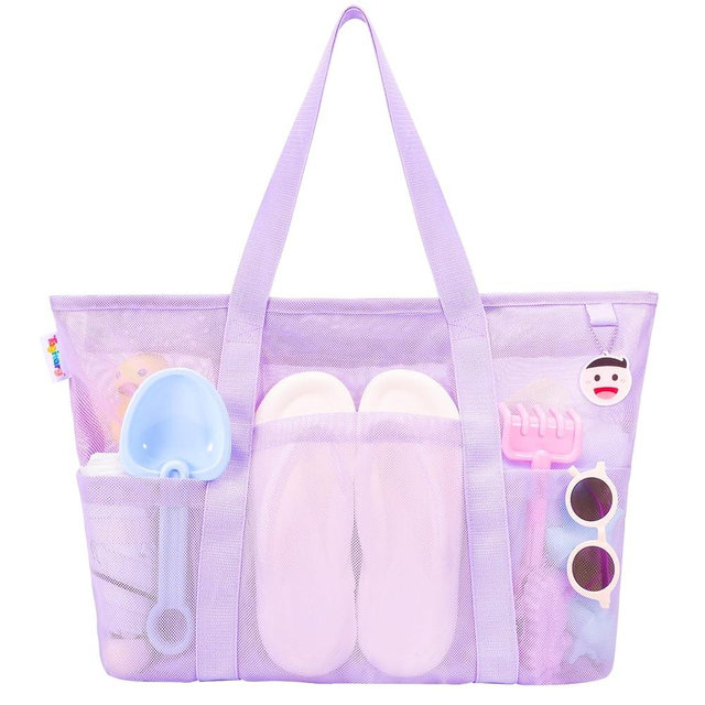 Tagitary Mesh Beach Bag with Zipper Large Beach Tote Waterproof Sandproof with 8 Pockets for Toys Pool Bag Beach Accessories