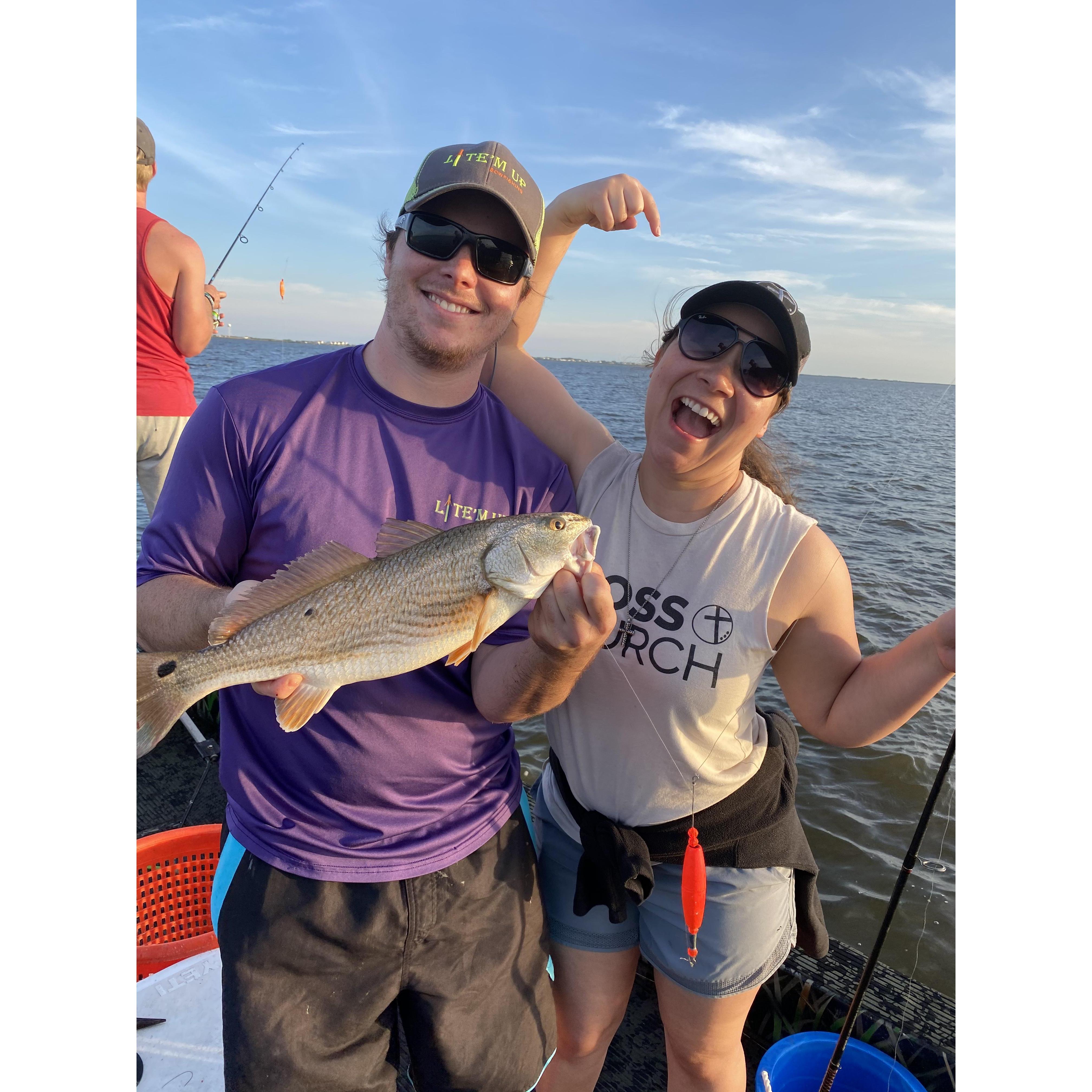 Pole fishing. He tries to take credit for the fish I catch.
