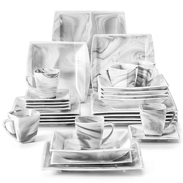 MALACASA Porcelain Dinnerware Set, 30 Piece Marble Grey Dishes Dinnerware Sets, Square Plates and Bowls, Cups and Saucers, Dish Set for Dessert, Salad, Pasta and Soup, Service for 6, Series Blance