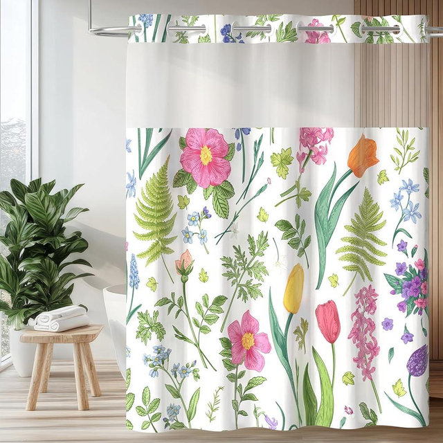 Colorful Star Floral Shower Curtain with Snap in Liner, Pink Tulips Cloth Bath Curtain, No Hook Shower Curtains with Mesh Top Window, 72 x 75 Minimalist Bathroom Curtain Set