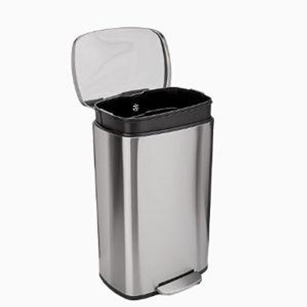 Amazon Basics Smudge Resistant Rectangular Trash Can with Soft-Close Lid, Foot Pedal, Removable Inner Bucket, 50 Liter/13.2 Gallon, Brushed Stainless Steel, Satin Nickel Finish