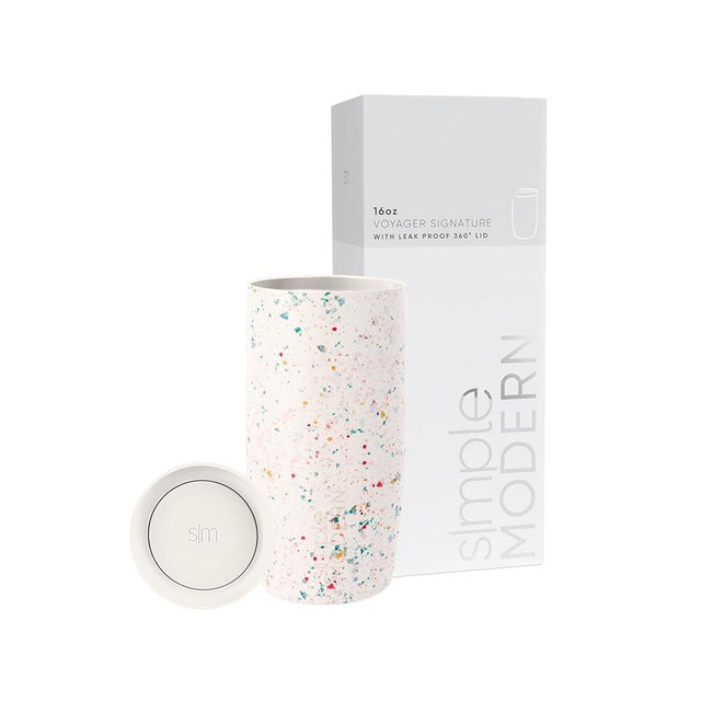 Simple Modern Travel Coffee Mug Tumbler with 360° Lid | Ceramic-Lined Insulated Stainless Steel Cold Brew Iced Coffee Cup Thermos | Gifts for Women Her Him | Voyager Signature | 16oz | Cream Terrazzo